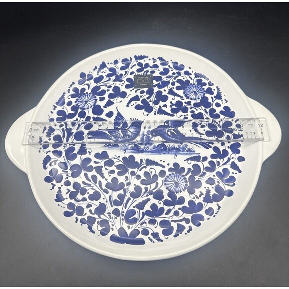 Nova Deruta Italian BLUE BIRD 12" Round Handled Cake Plate/ Serving Platter NEW - Picture 9 of 9